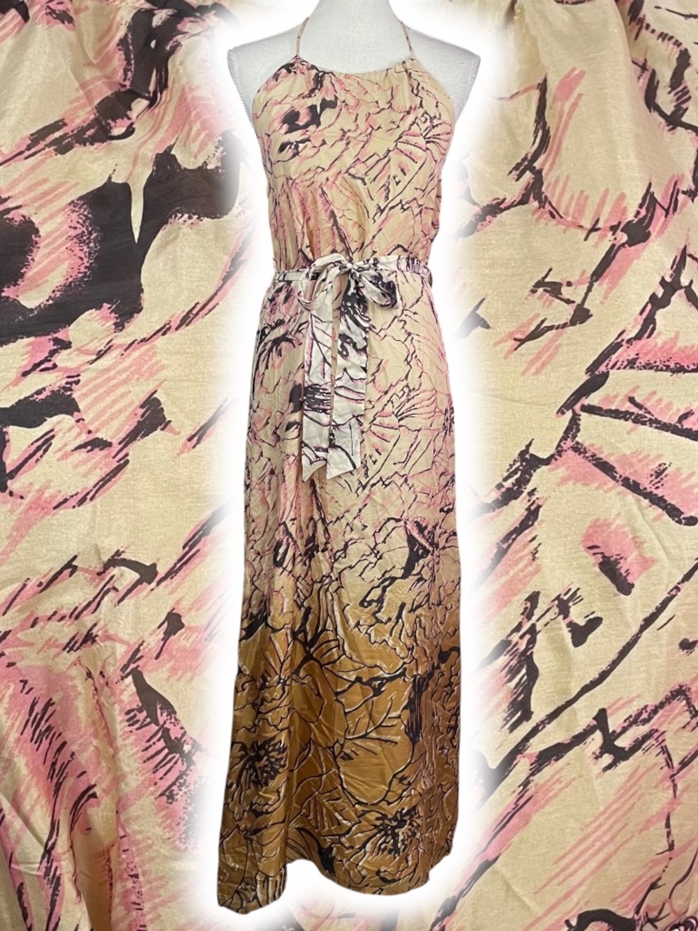 100% Silk Maxi Dress S Abstract Halter Long Floor Length Column Gold Tie Waist